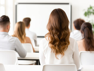 Aufkleber - A group of people in a seminar, seen from the back, focusing on a presenter with whiteboard in the background, exemplifying the concept of learning and teamwork. Generative AI