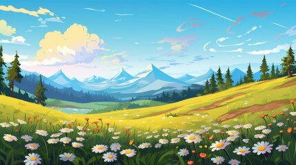 Wall Mural -  Idyllic mountain landscape with blooming daisies in the foreground. Concept of nature, springtime, serenity, and beauty.