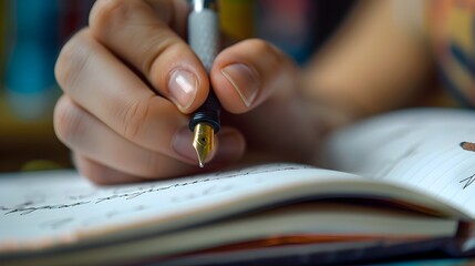 Poster - Fingers Holding Pen Writing in Notebook on Desk for Business Work or Academic Study