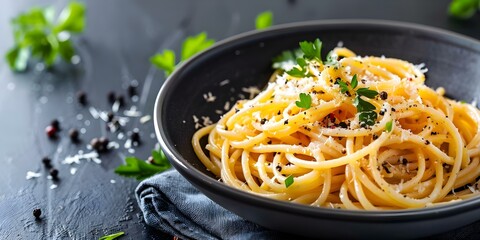 Wall Mural - Cacio e pepe pasta with the classic combination of cheese and black pepper. Concept Italian Cuisine, Cheese Recipes, Pasta Dishes, Flavorful Combinations