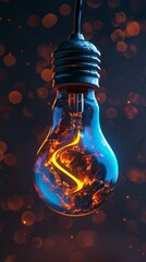 Wall Mural - Close-up of a vintage light bulb with a glowing filament and bokeh background, abstract energy and creativity concept