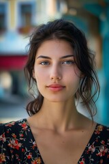 Wall Mural - A beautiful woman with blue eyes is standing in front of a building.