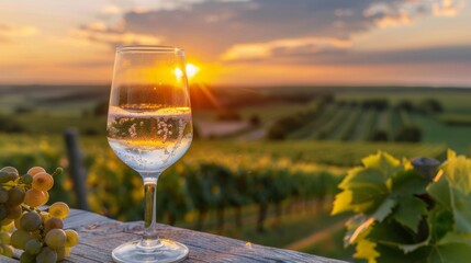 Aufkleber - A glass of white wine sits on a wooden railing overlooking a vineyard at sunset. The sun is setting behind the glass, casting a warm glow on the scene