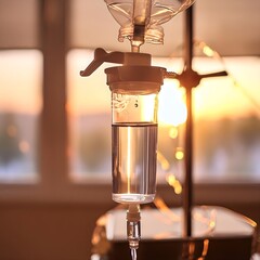 Close-up of an IV drip chamber with a clear liquid inside attached to a tube.