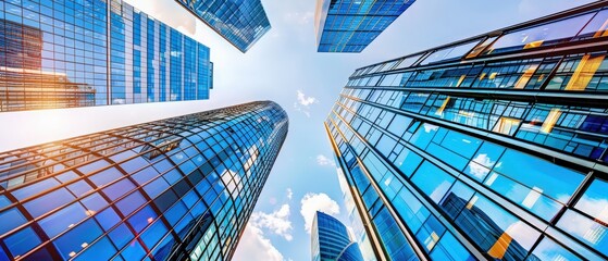 Modern skyscrapers with reflective glass windows against a bright blue sky, showcasing contemporary urban architecture and vibrant city life.