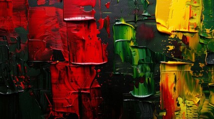 Aufkleber - Vibrant Abstract Art with Red, Green, and Yellow Splatters on Black Background