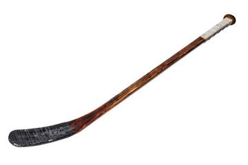 Vintage wooden hockey stick with black tape on the blade, isolated on a white background. Suitable for sports equipment and hockey enthusiasts.