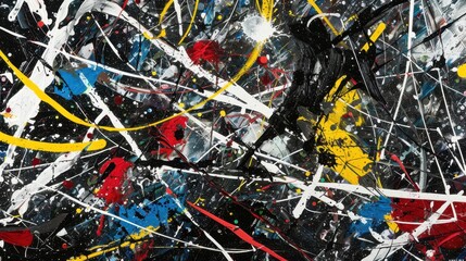 Poster - Abstract painting with a dynamic and energetic composition. The artwork is characterized by a splattered and dripped paint technique, with a vivid color palette that includes black, white, red, blue