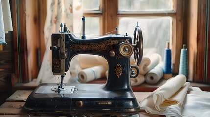 Poster - Vintage Sewing Machine with Fabric and Sewing Accessories in a Cozy Workspace
