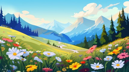 Wall Mural - Scenic Mountain Landscape with Wildflowers and Path, Ideal for Travel, Nature, and Springtime Designs