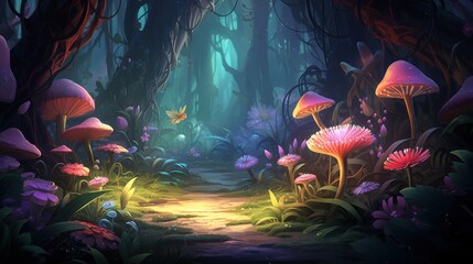 Wall Mural - Magical Enchanted Forest Path with Glowing Mushrooms and Butterflies. A Fantasy Illustration