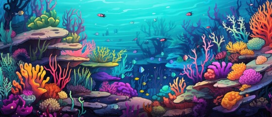 Wall Mural - Vibrant Coral Reef Illustration. Colorful Underwater Scene with Fish and Marine Life