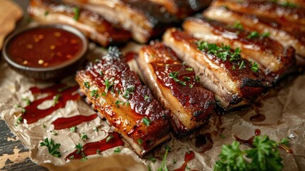 Wall Mural - Close up image of pork belly slices with sauce and parsley on a table