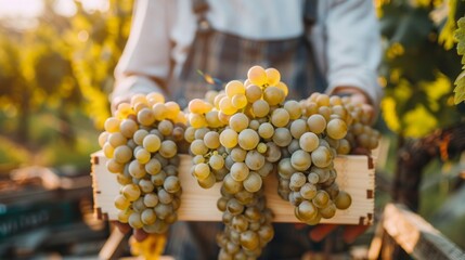 Aufkleber - A close-up of a hand holding a wooden box filled with plump, golden grapes. The vineyards setting sun casts a warm glow over the scene, emphasizing the natural beauty and abundance of the harvest