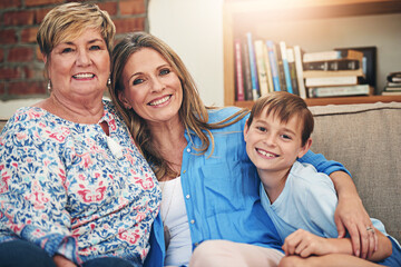 Wall Mural - Family, portrait and happy home with child, smile and woman in living room with grandmother or love together. Generations, relationship and son on weekend break, apartment and sofa with people