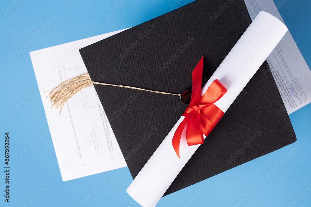 Education documents, graduation cap and exam papers, college graduate ...