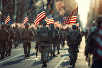 A group of soldiers march in formation down a city street, carrying American flags. The sun shines brightly behind them.