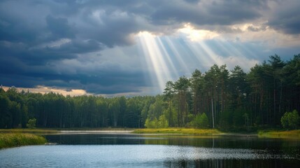 Wall Mural - Sunlight shining through dense clouds above lake with forest on the shore Landscape