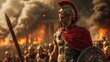 © Luminous Hub  - Ancient Greek warrior in armor with helmet and red cape, a battle scene