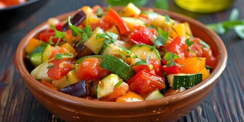 Wall Mural - Vibrant Ratatouille Bowl with Eggplant, Zucchini, Bell Peppers, Tomatoes, Garlic, Herbs, and Olive Oil. Concept Ratatouille Recipe, Colorful Vegetables, Healthy Eating, Mediterranean Cuisine