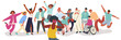 © Natalia - A crowd of happy diverse welcoming, cheering young people. The concept of a day of friendship, unity. Celebrating or congratulating multiracial students or friends. Flat vector hand drawn illustration