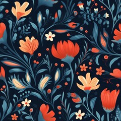 Red orange and yellow flowers on a dark blue background.