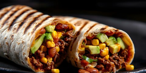 Canvas Print - Delicious Grilled Burrito with Beef, Beans, Corn, and Avocado on a Dark Background. Concept Food Photography, Grilled Burrito, Beef, Beans, Corn, Avocado, Dark Background