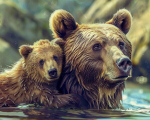 Poster - Grizzly bear in water with baby