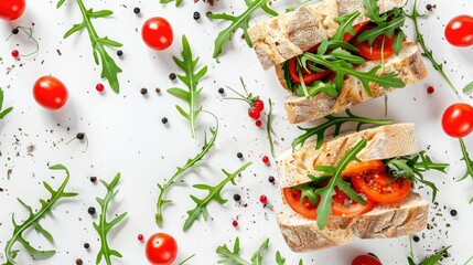 Sticker - Spices and sandwiches on white background with arugula