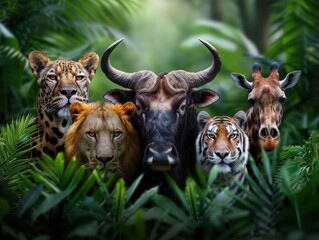 A majestic ensemble of wild animals including a tiger, lion, jaguar, giraffe, and buffalo surrounded by lush green jungle foliage.