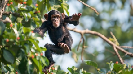 Poster - A young chimpanzee playfully swings from a branch in a dense, green jungle. The chimps playful energy is captured in this vibrant photograph