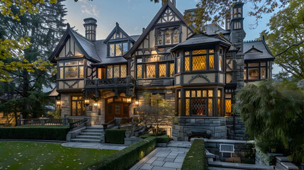 Wall Mural - A grand Tudor Revival house with leaded glass windows, a stone facade, and intricate woodwork, located in a prestigious neighborhood