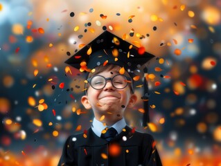 Joyful child wearing graduation cap amid celebratory confetti, symbolizing academic achievement and youthful happiness.