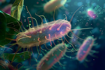 Poster - Closeup of E coli bacteria, showing the rodshaped structure and flagella, ideal for microbiology studies