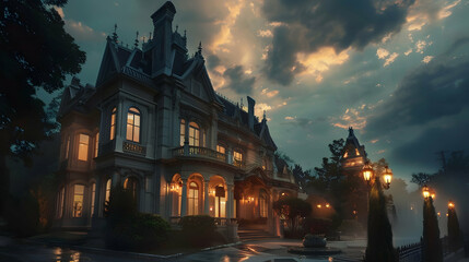 a luxurious mansion exterior during twilight, with ornate details gleaming under the warm, cinematic lighting of a dramatic, cloud-streaked sky