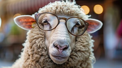 Wall Mural - sheep wearing glasses posing for camera with blurred background