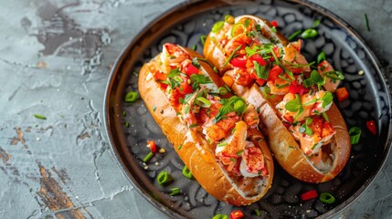 Wall Mural - Butter-Poached Lobster Rolls with Spicy Sauce. copy space