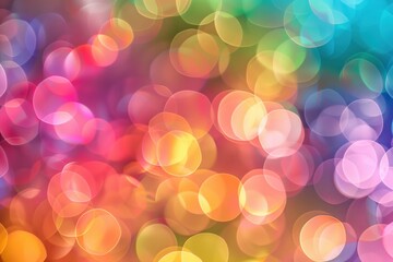 Blurred bokeh circles (various sizes) (rainbow colors) (out-of-focus lighting) (abstract festive background). 