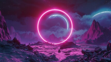 Wall Mural - abstract neon landscape 3d render featuring pink and blue glowing ring over rugged terrain, round fr