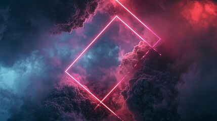 Wall Mural - abstract futuristic background with neon geometric shapes and stormy clouds on night sky - 3d render