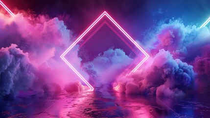Wall Mural - abstract futuristic background with neon geometric shapes and stormy clouds on night sky - 3d render