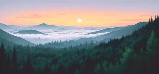 Canvas Print - a painting of a mountain range with a sunset in the background