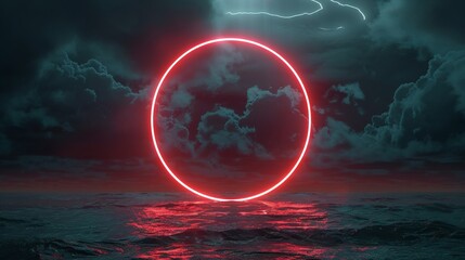 Wall Mural - abstract futuristic geometric background with neon ring and stormy clouds over night sky, round fram