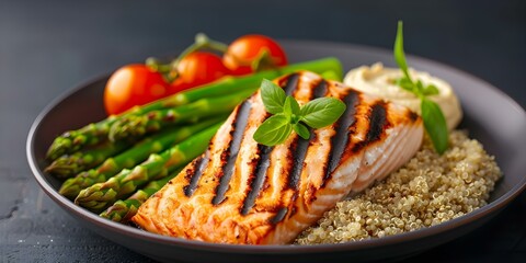 Wall Mural - Salmon with Quinoa, Asparagus, Tomatoes, and Hummus Grilled or Baked. Concept Healthy Recipes, Grilled Salmon, Quinoa Bowl, Asparagus Side, Homemade Hummus, Baked Tomatoes