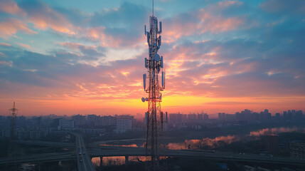 a 5g cell tower by the highway, daytime scene, professional camera shooting.