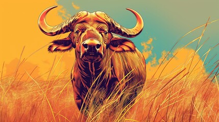 Colorful graphic art of a buffalo in a vivid orange and yellow grass field with a striking background.