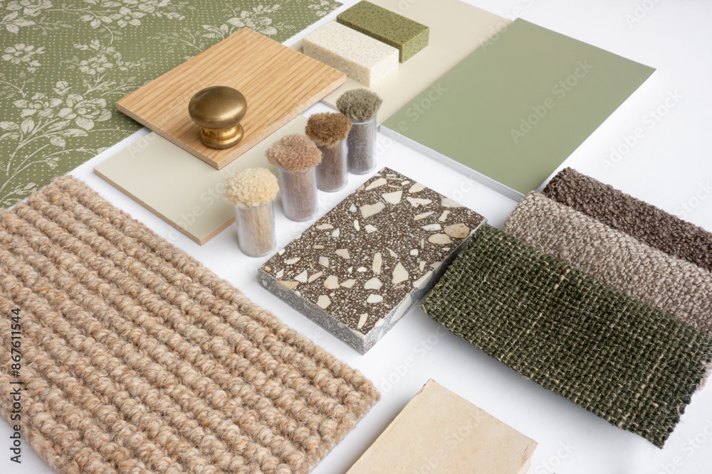 Interior Design Material Sample Board with Fabrics, Terrazzo, Wood, and ...