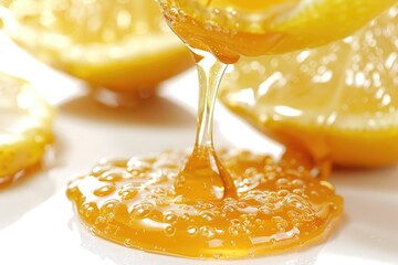 Honey Lemon. Dripping Fresh Organic Lemon and Honey on White Background