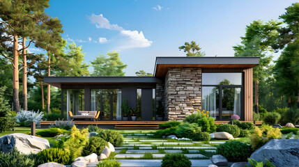 Wall Mural - Small contemporary wooden cottage with integrated stone accents, lush garden, and sunlit terrace under a clear blue sky, exterior concept