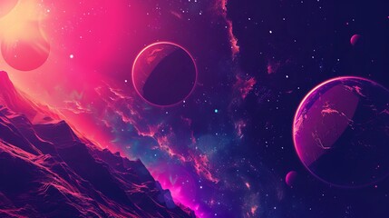 Wall Mural - alien planet and space abstract background with vibrant circles, retro neon psychedelic aesthetic, h